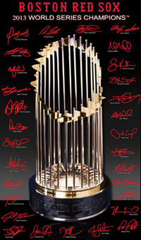 2013 World Series trophy and Red Sox signatures photo